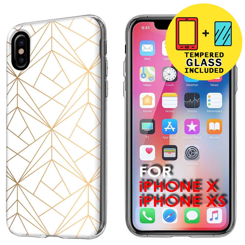 Clear TPU Phone Case for Apple iPhone XS,X,Golden Pattern,Temper Glass