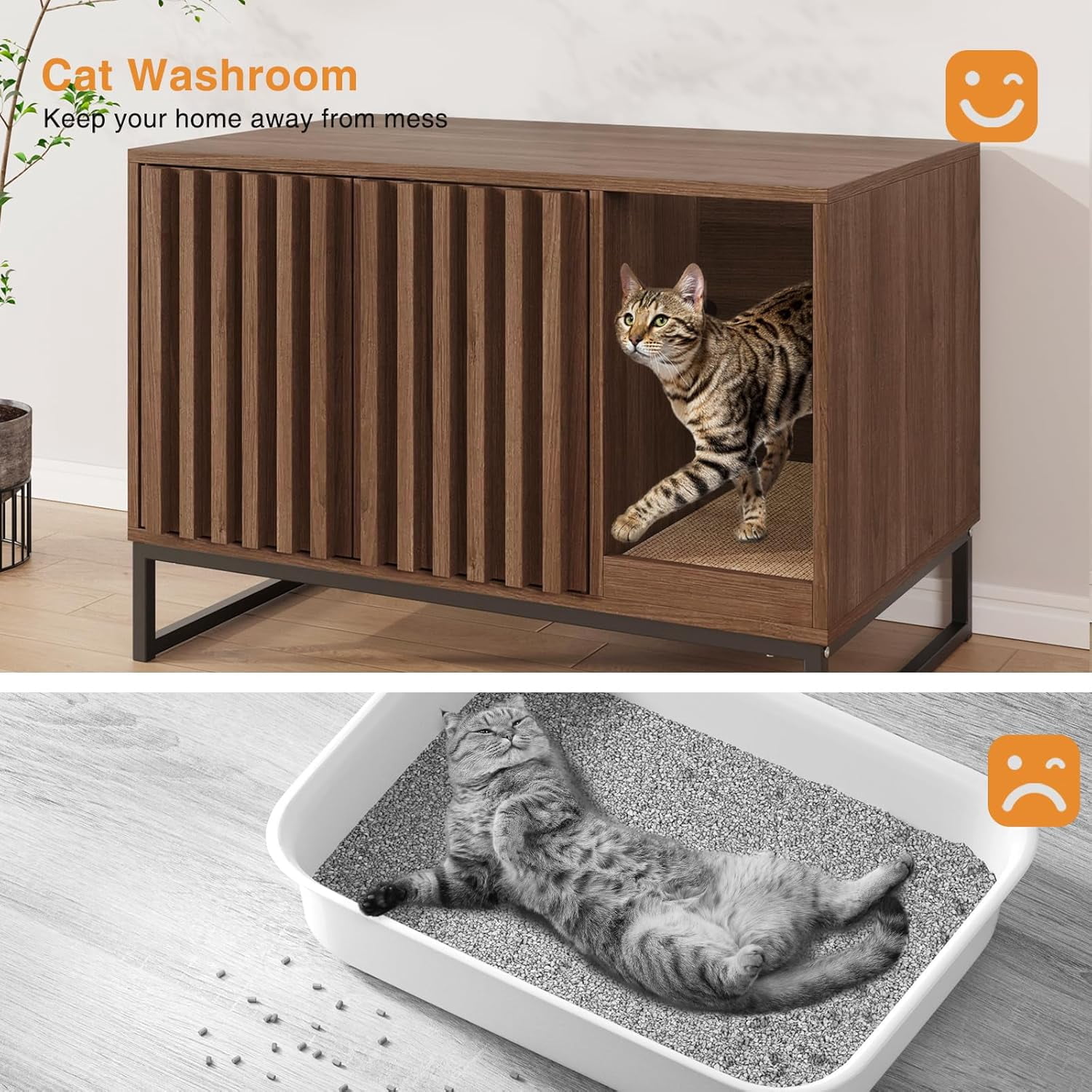 Vabches Hidden Cat Litter Box Enclosure Furniture, Multi-Functional Cat Washroom Bench with Cat Scratching Pad and Fluted Doors