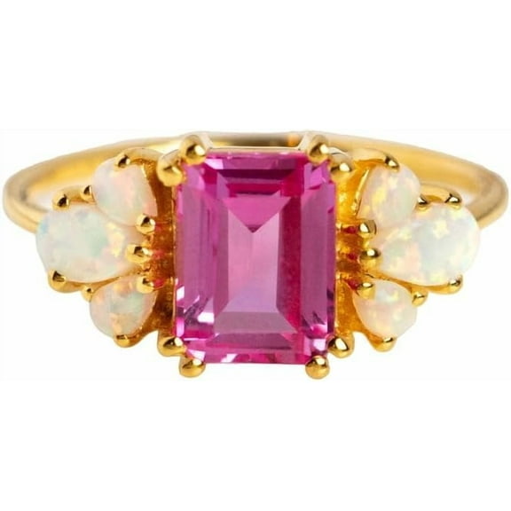 Pink Tourmaline & Opal Gemstone Ring, Natural Pink Tourmaline Cluster Ring, October Birthstone, Womens Ring, Gold Micron Ring, 925 Sterling Silver, Dainty Ring, Minimal Stackable Ring, Birthday Gift