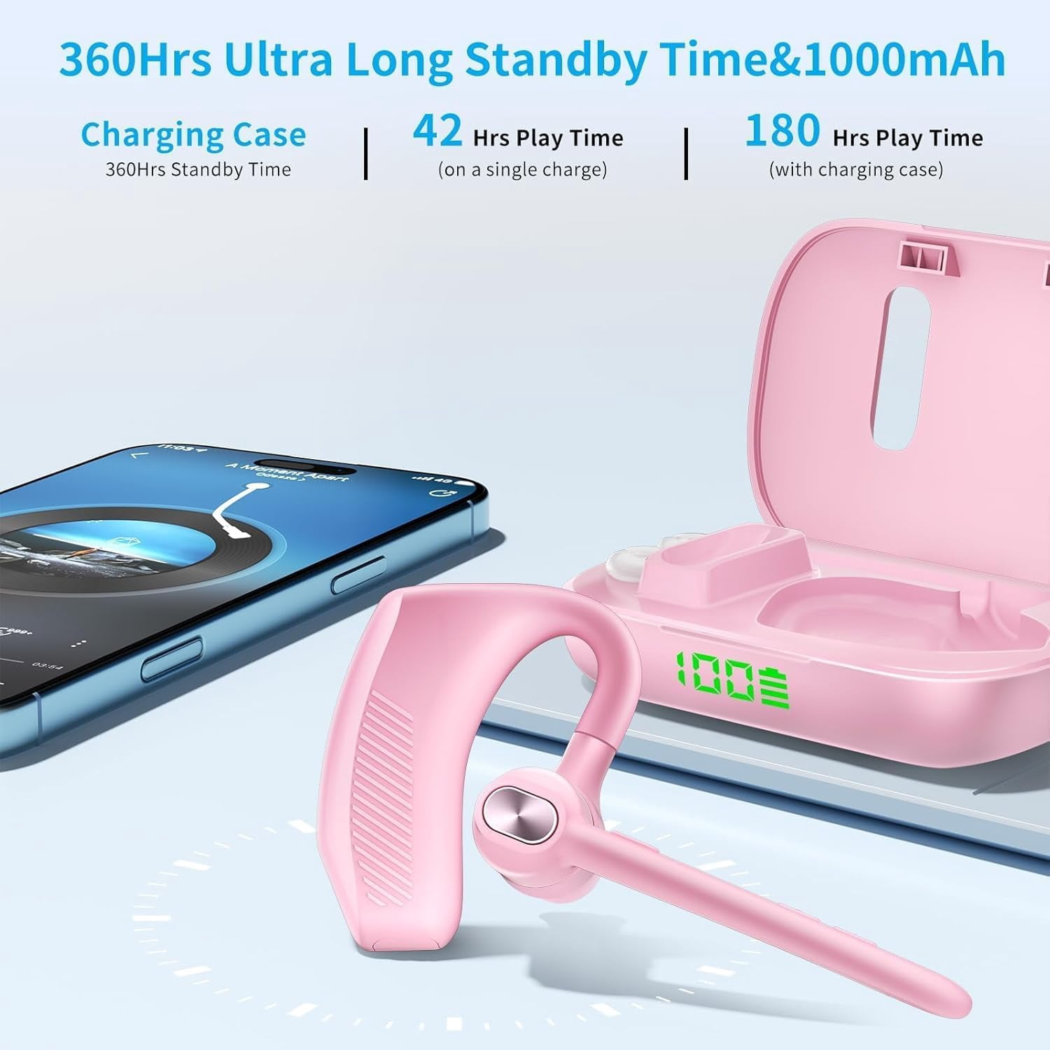Single Ear Bluetooth Headset, 180H Playtime, 1000mAh Wireless Charging Case, LED Display, Handsfree Mic for Cellphone PC, Trucker Work Game
