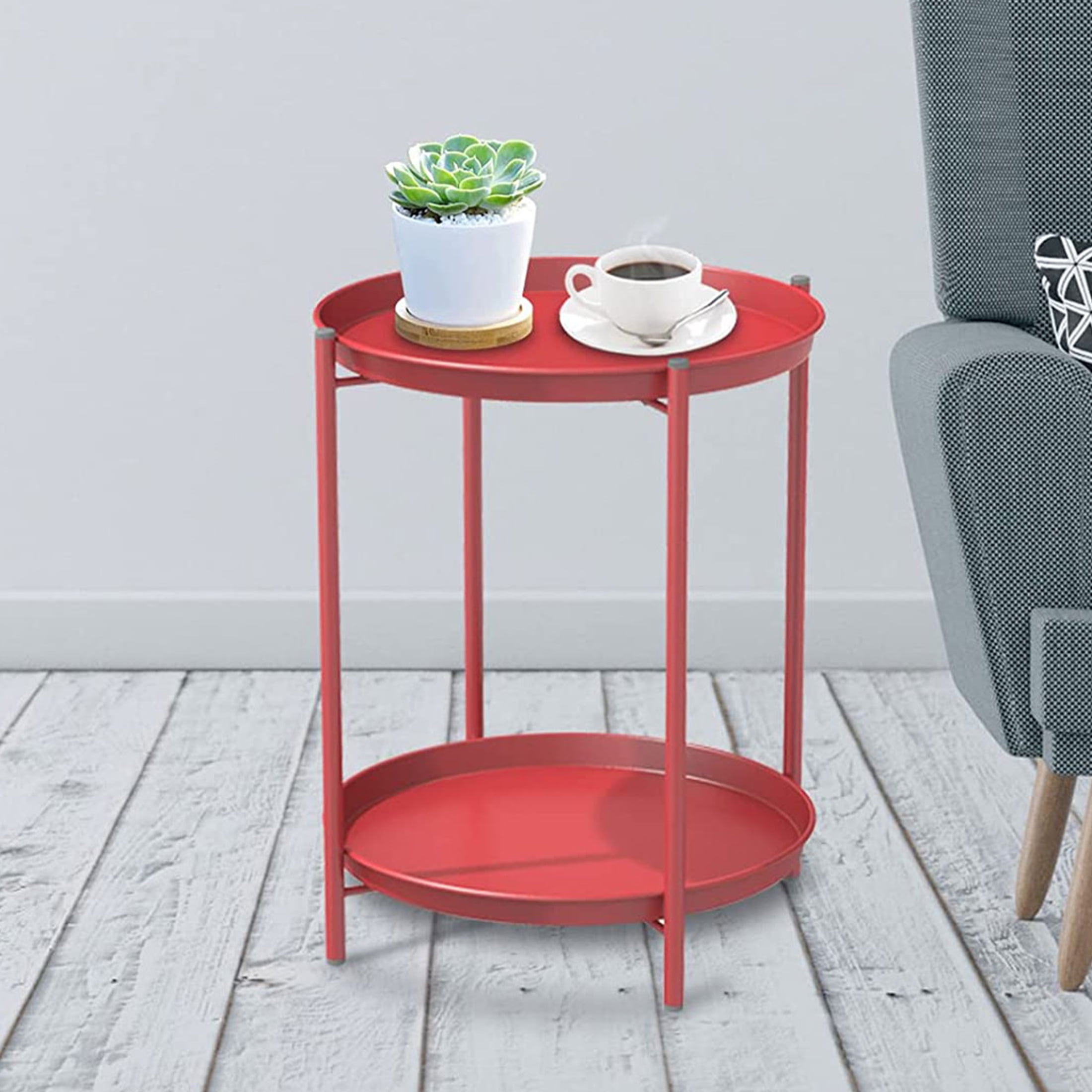 Grand Patio Indoor & Outdoor Side Table 2-Tier, Weather-Resistant Steel Round End Table for Porch, Poolside, Bedroom, Living Room, Red