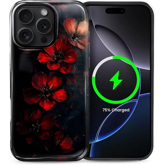 Case for iPhone 15 Pro, Compatible with Magsafe PC Hard Shell & Silicone Inner Bumper Anti-Scratch Full-Body Cover Shockproof Slim Design Gothic Style Red Flower