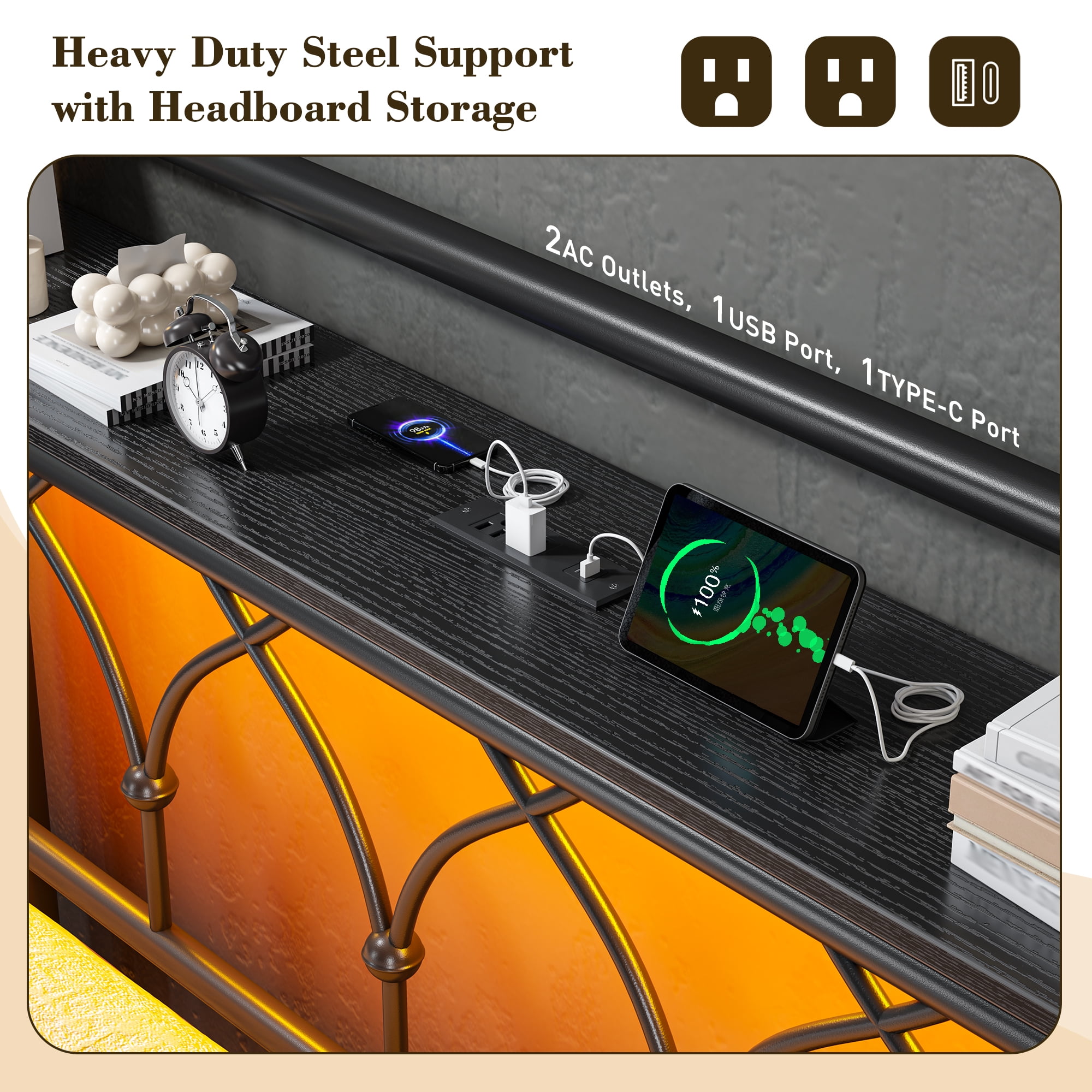 EnHomee Queen Size Metal Bed Frame with Vintage Headboard & Footboard Metal Platform Bed Frame Queen with LED Lights Bed Frame with Charge Station & Storage, Noise Free, Black