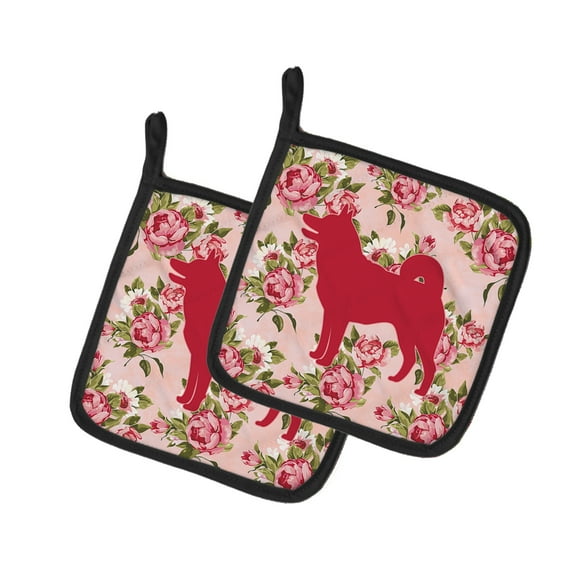 Caroline's Treasures BB1067-RS-PK-PTHD Shiba Inu Shabby Chic Pink Roses Pair of Pot Holders , 7.5HX7.5W, multicolor
