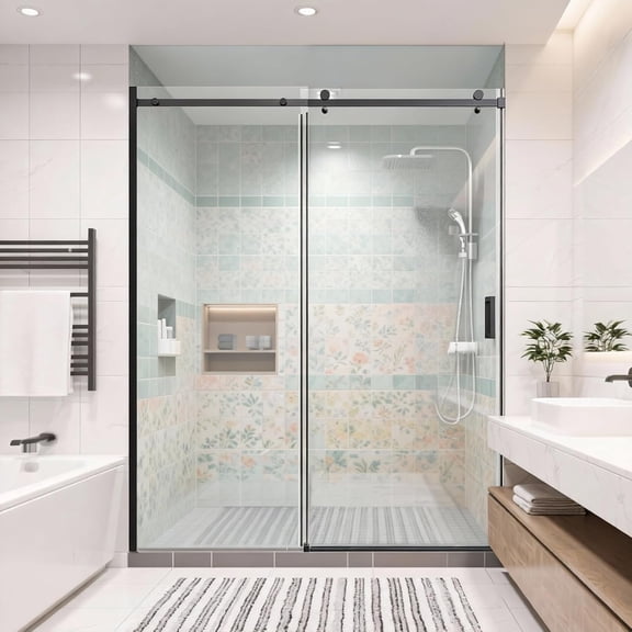 56-60"W x 74"H Frameless Single Sliding Shower Door, 5/16"(8mm) SGCC Tempered Glass, Matte Black