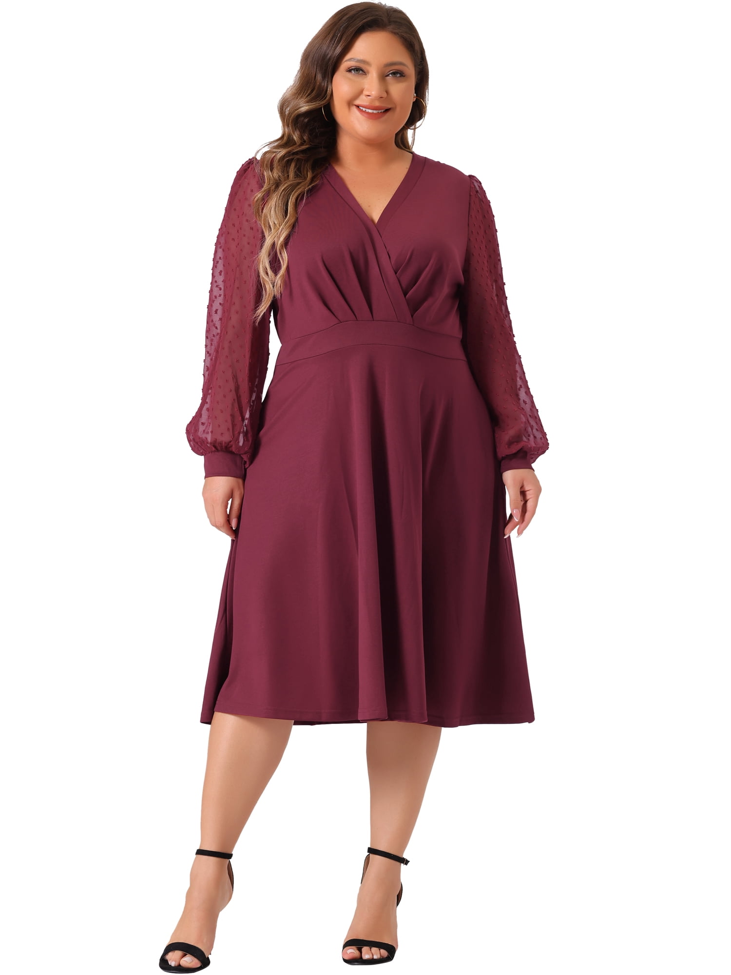 DARING DIVA Plus Size Swiss Dots Wrap V Neck Knee Length Dress 2X Burgundy