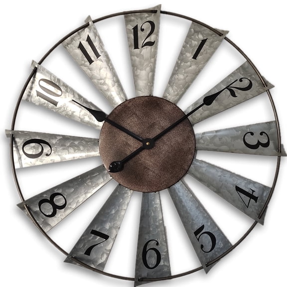 24 inch Large Farmhouse Wall Clock Metal Windmill Decor, Galvanized Silver Analog Clocks for Home Decoration