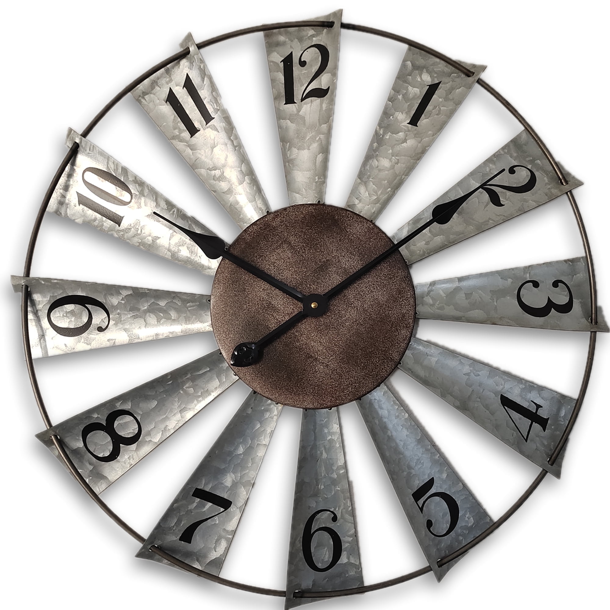 24 inch Large Farmhouse Wall Clock Metal Windmill Decor, Galvanized Silver Analog Clocks for Home Decoration