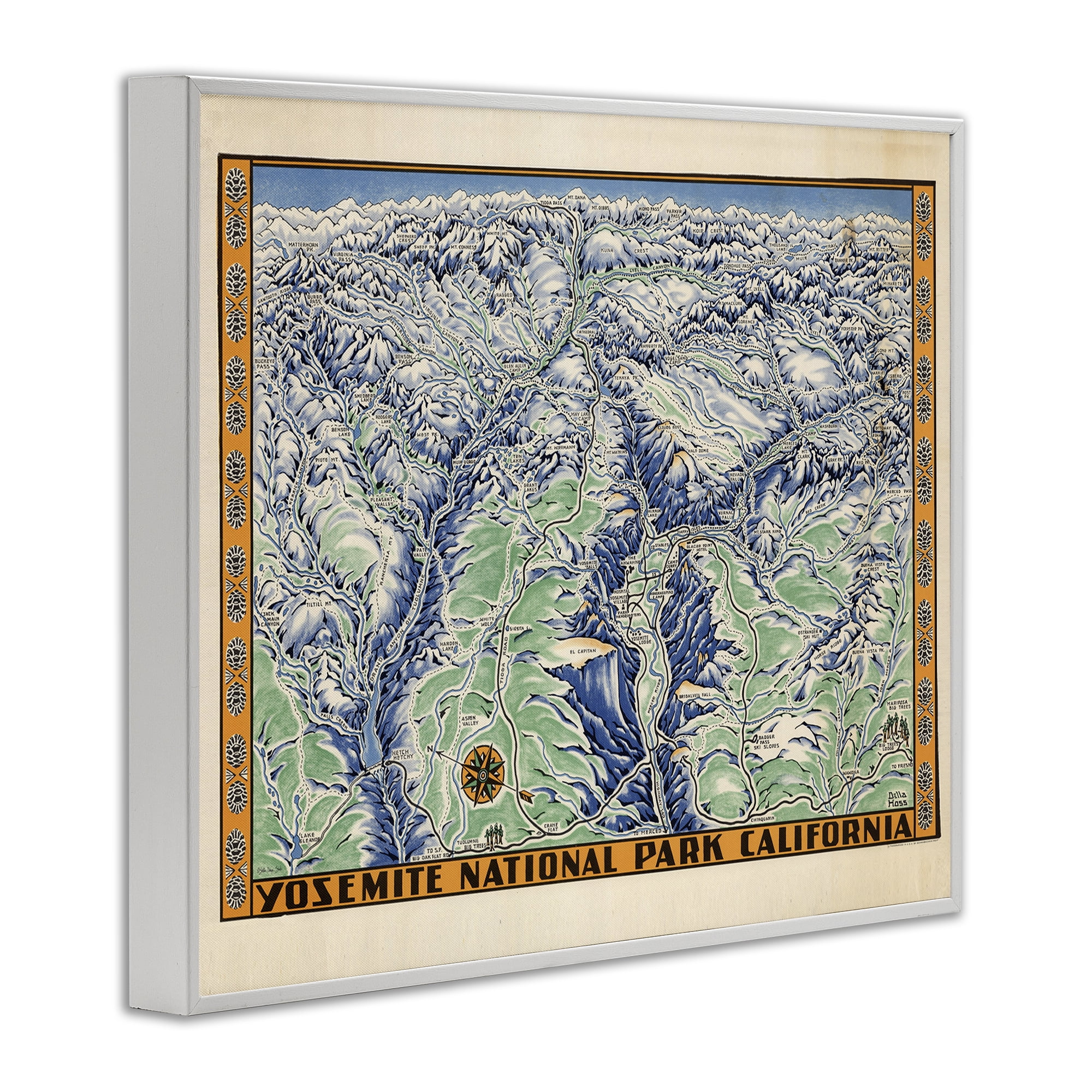 Stupell Industries Vintage Yosemite Map Travel & Places Painting White Framed Art Print Wall Art, 30 x 24