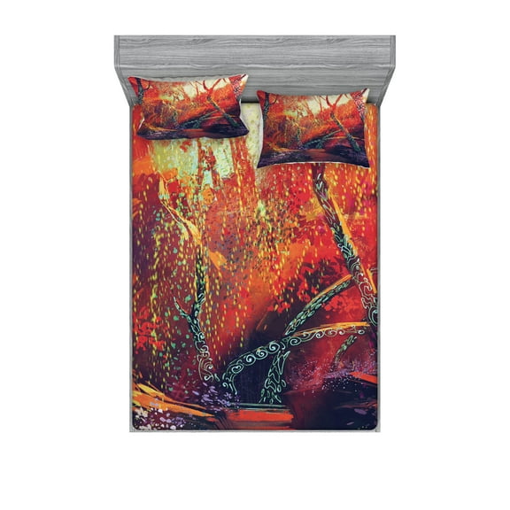 Ambesonne Landscape Fitted Sheet & Pillow Sham Set, Autumn Fall Scenery, Full, Orange Purple