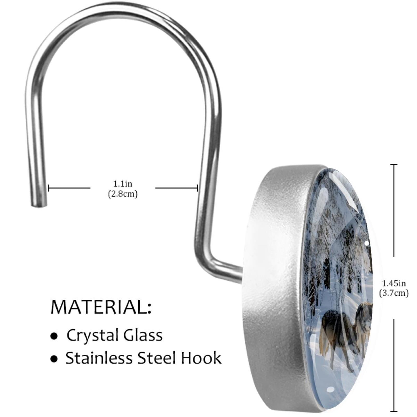 Wolves Walking on Cold Forest Shower Curtain Hooks Round Crystal Glass, Set of 12 Shower Curtain Rings - Shower Hooks for Curtain Shower Rings