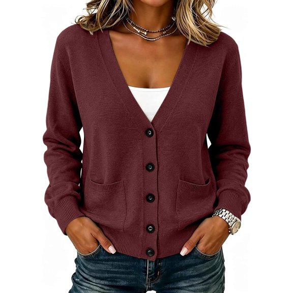 Ovbmpzd V-Neck Fall Womens Tops Cardigan Wine Fuzzy Sweater Long Sleeve Lightweight Casual Tops,L