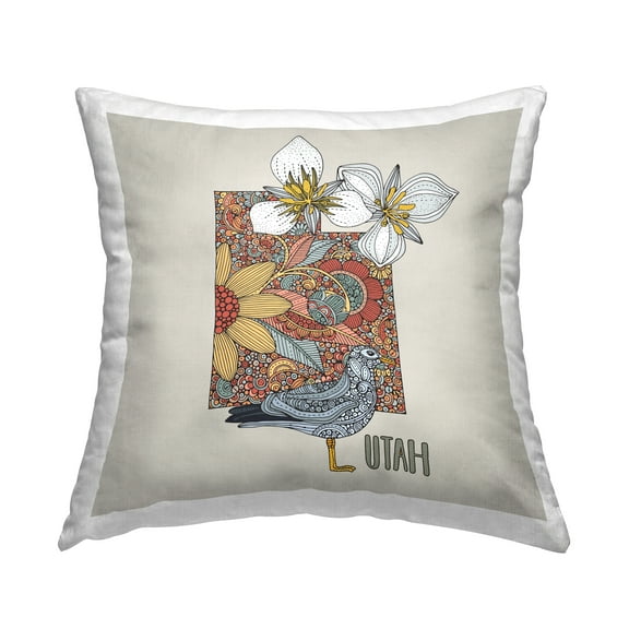 Stupell Industries Utah Gull Floral Pattern State Square Decorative Printed Throw Pillow, 18 x 18,