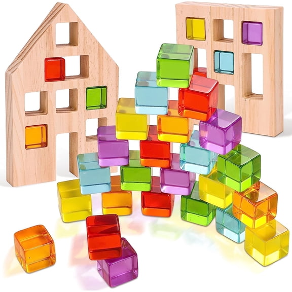 Woodtoe Wooden Building Blocks Set for Kids, 24 PCS Rainbow Gem Cubes Stacking Blocks - 2 Wood House, Montessori Stacking Toy for Toddlers, Educational STEM Easter Birthday Gift for Boys Girls 3-6