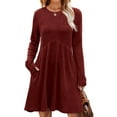 thumbnail image 2 of Long Sleeve Dress for Women Crew Neck Waist Tunic Dress with Pockets Wine Red M, 2 of 6