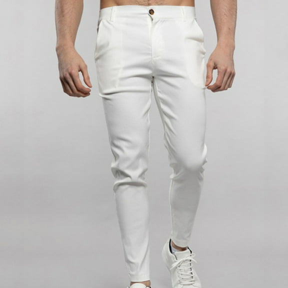 Xysaqa Men's Fashion Skinny Pants Summer Slim Fit Casual Work Pant Cotton Business Trousers
