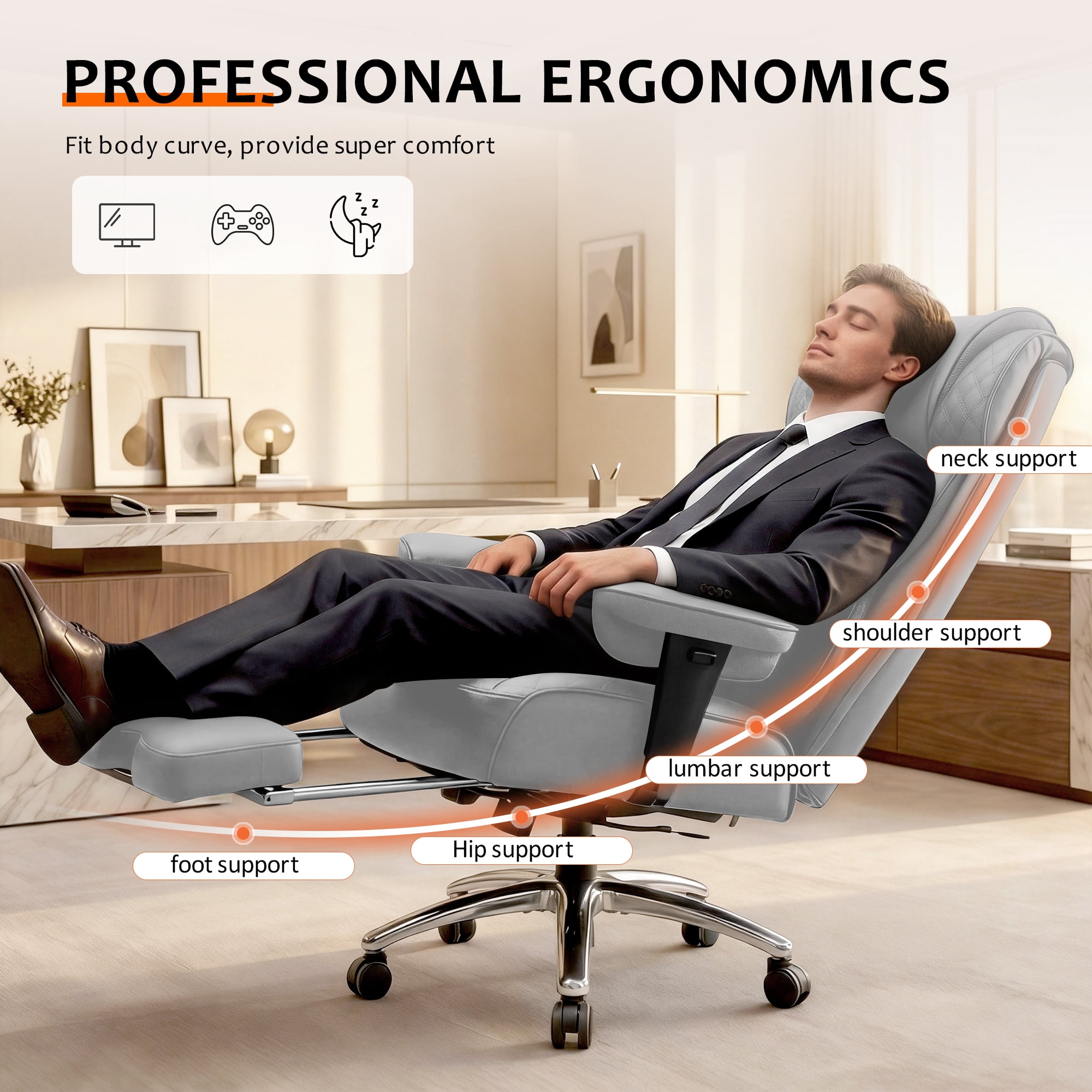 FASTES Office Chair, Big and Tall Desk Chairs with Footrest 400lbs Gaming Chair Ergonomic Executive High-Back Reclining Computer Chair Swivel Wheels and Padded Lumbar Support, Gray