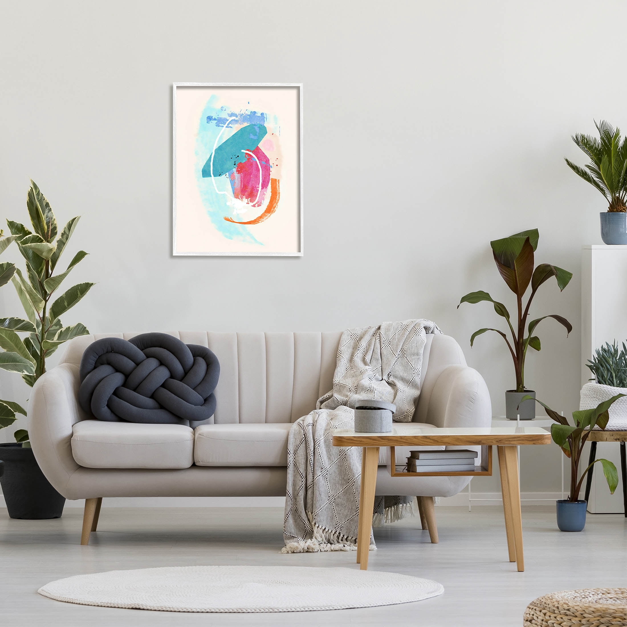 Modern Blue Pink Shapes Abstract Graphic Art White Framed Art Print Wall Art
