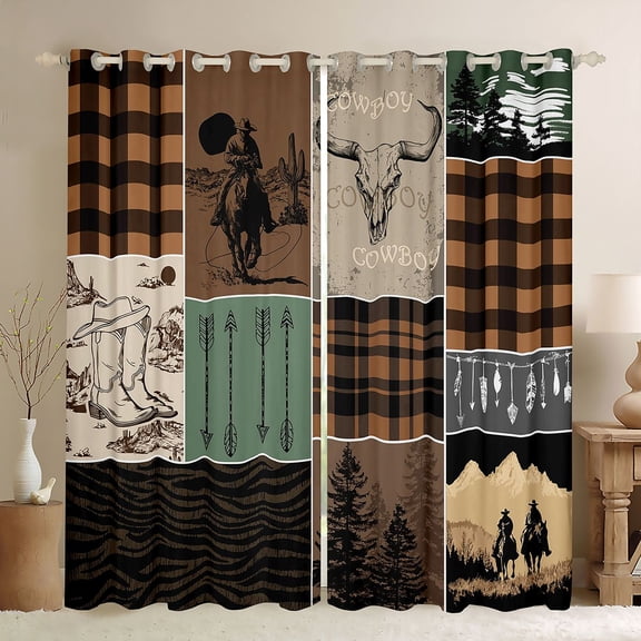 Homewish Cowgirl Cowboy Adult Black Out Curtains, Fashion Zebra Print Curtains Pack of 2 (42x63 Each), Southwestern Countryside Bedroom Curtains, Brown Green Black Out Curtains Room Decor