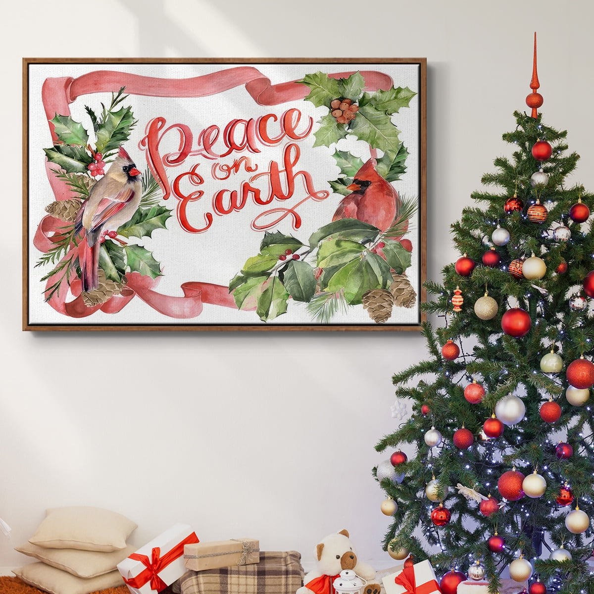 Cardinal Holly Christmas Collection A - Framed Gallery Wrapped Holiday Canvas - 27 x 41 - Rosewood Frame