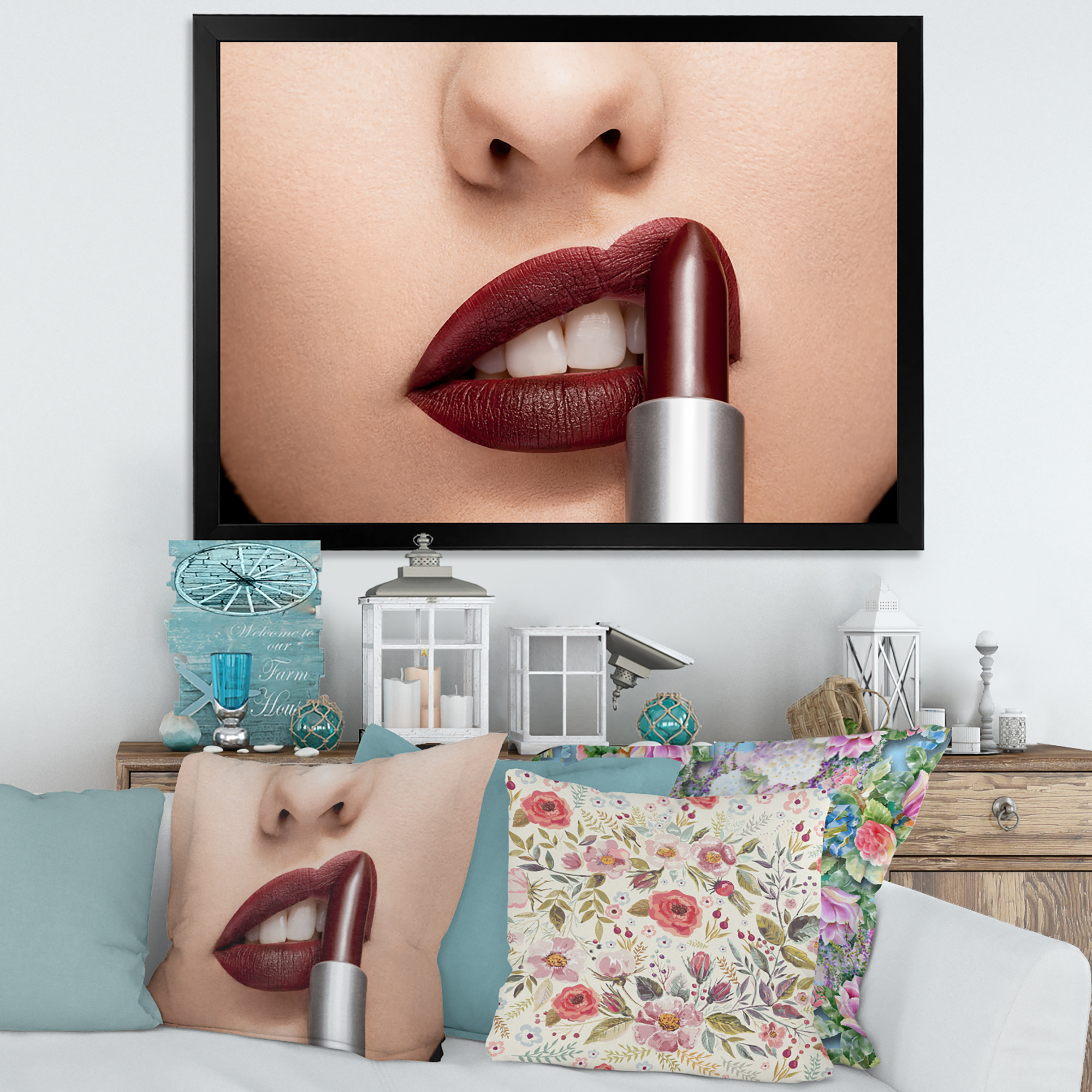 Designart 'Woman Applying Red Lipstick On Lips II' Modern Framed Art Print
