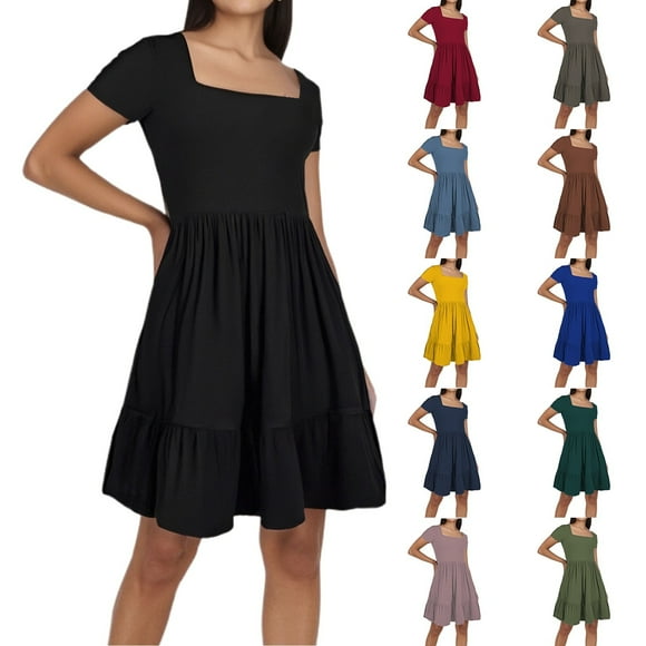 Plus Size Dresses Women Ladies Casual Beach Resort Square Neck A Line Pleated Dress Vacation Plus Size Dress Dark Green XL