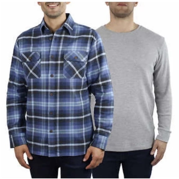 Jachs New York Men's Waffle Thermal   Flannel Shirt 2 PACK Navy Plaid/Gray Small