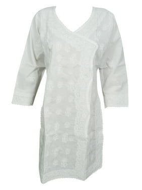 Mogul Womens Ethnic White Tunic Dress 3/4 Sleeves Beautiful Floral Hand Embroidered Cotton Beach Cover Up Caftan S/M
