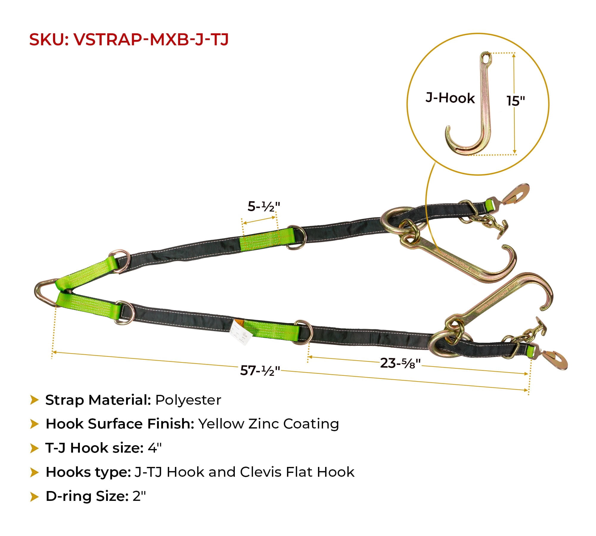 V Bridle Tow Strap w/ Snap Hook, 15" J-Hooks, & T-J Hook - 3333 lbs WLL, Leg Size-36"-48" High Abrasion Recovery V Strap w/ D Ring Middle, Towing Equipment for Car Hauler & Rollback