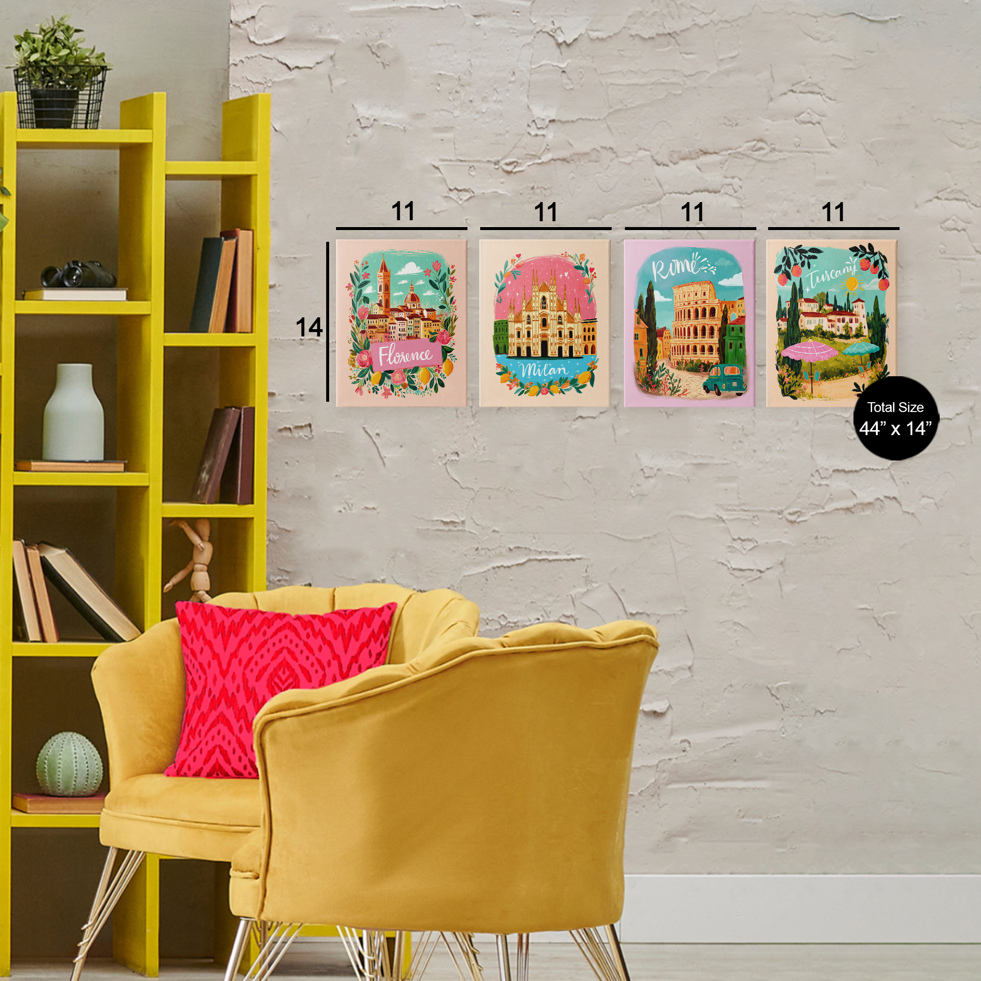 Italy Travel Locations with Florals 4 Piece Canvas Wall Art Set, design by Yen