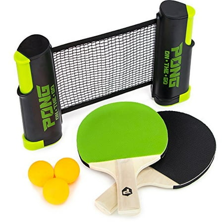 Brybelly Pong on the Go! Portable Table Tennis Playset with Net, Paddles, Balls and Carry Bag