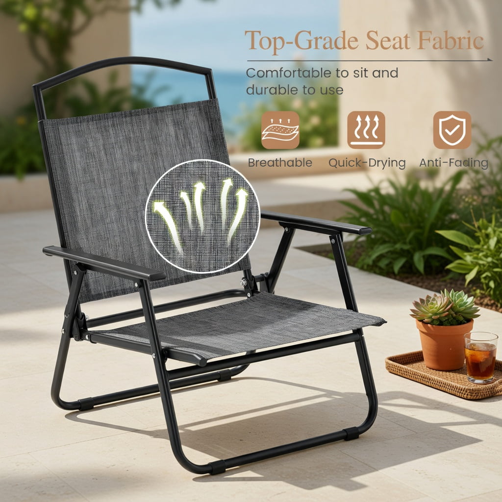 Hommoo 4-Pack Folding Patio Chairs, Heavy-Duty Steel Frame, Breathable Fabric Seats, Easy-Fold for Backyard, Poolside & Garden Use, Gray
