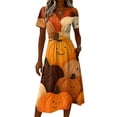 thumbnail image 4 of Halloween Dresses for Women Witch Hat Short Sleeve Ghost Cute Wrap Dress Pumpkin V Neck Casual Wedding Guest Dresses 3XL, 4 of 5