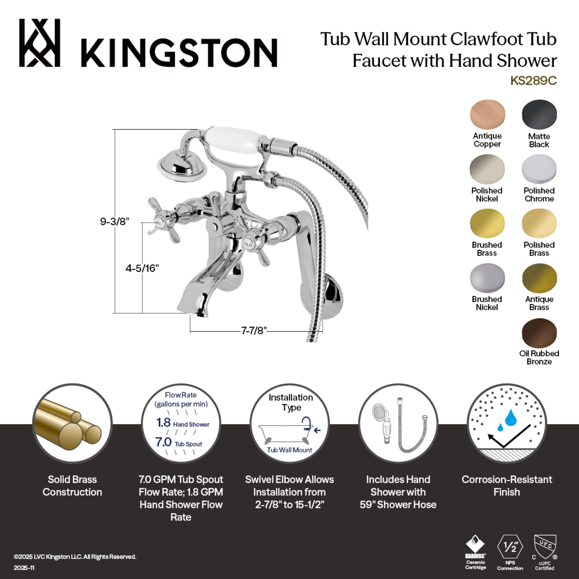 Kingston Brass KS289AC Kingston Tub Wall Mount Clawfoot Tub Faucet with Hand Shower, Antique Copper