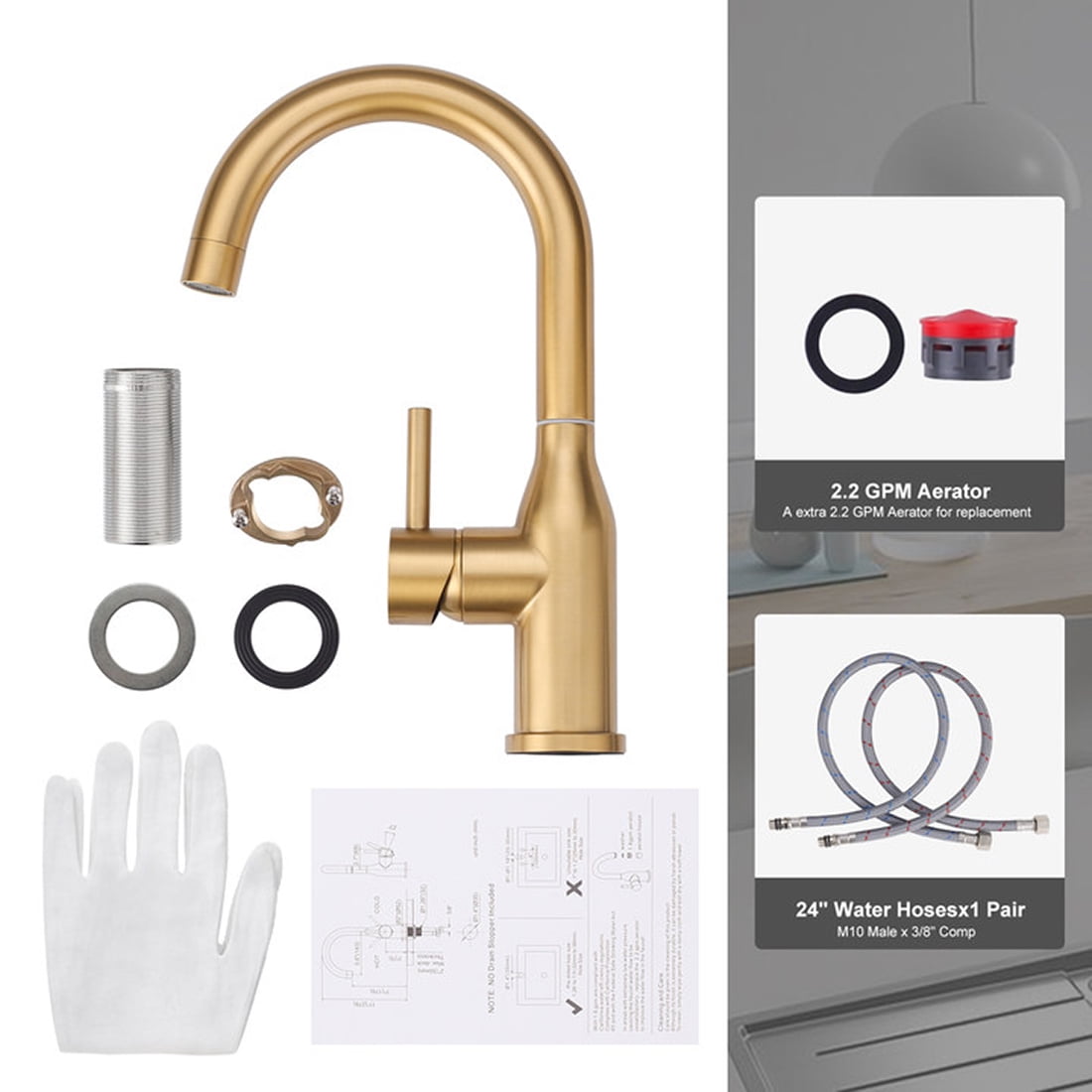 Bathroom Sink Faucet 1 Hole Brushed Gold Single Handle Kitchen Faucet