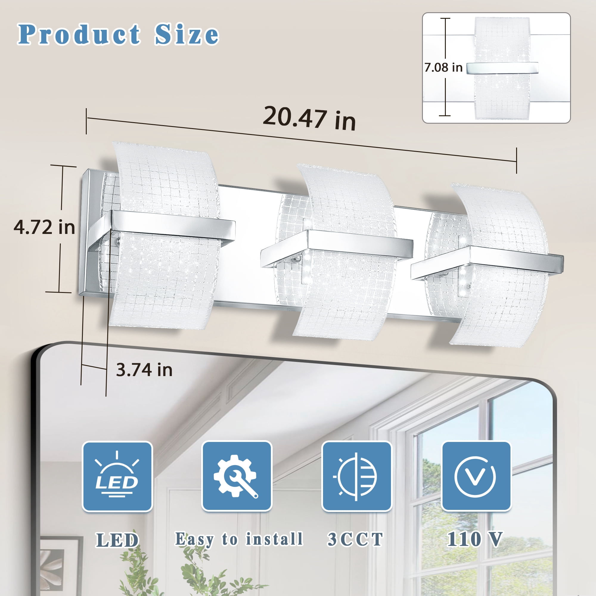 Uznhty LED Bathroom Light Fixtures over Mirror,Dimmable Vanity Lights for Bathroom Wall Light Fixtures with Thicken Ripple Glass Shade 3000K/4000K/5000K 3-Light Chrome