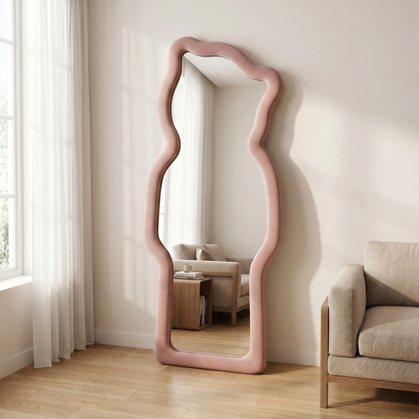 Gleamira 63"x24" Full Length Mirror Bear-Shaped Irregular Floor Mirror Flannel Wrapped Wooden Frame Hanging Leaning Mirror, Pink