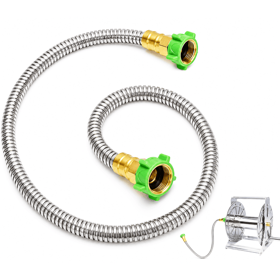 3FT Short Garden Hose Female to Female – Stainless Steel Leader Hose for Hose Reel, Kink-Free Flexible Metal Water Hose, Leakproof Heavy Duty for Outdoor Garden, Car, Pet Washing