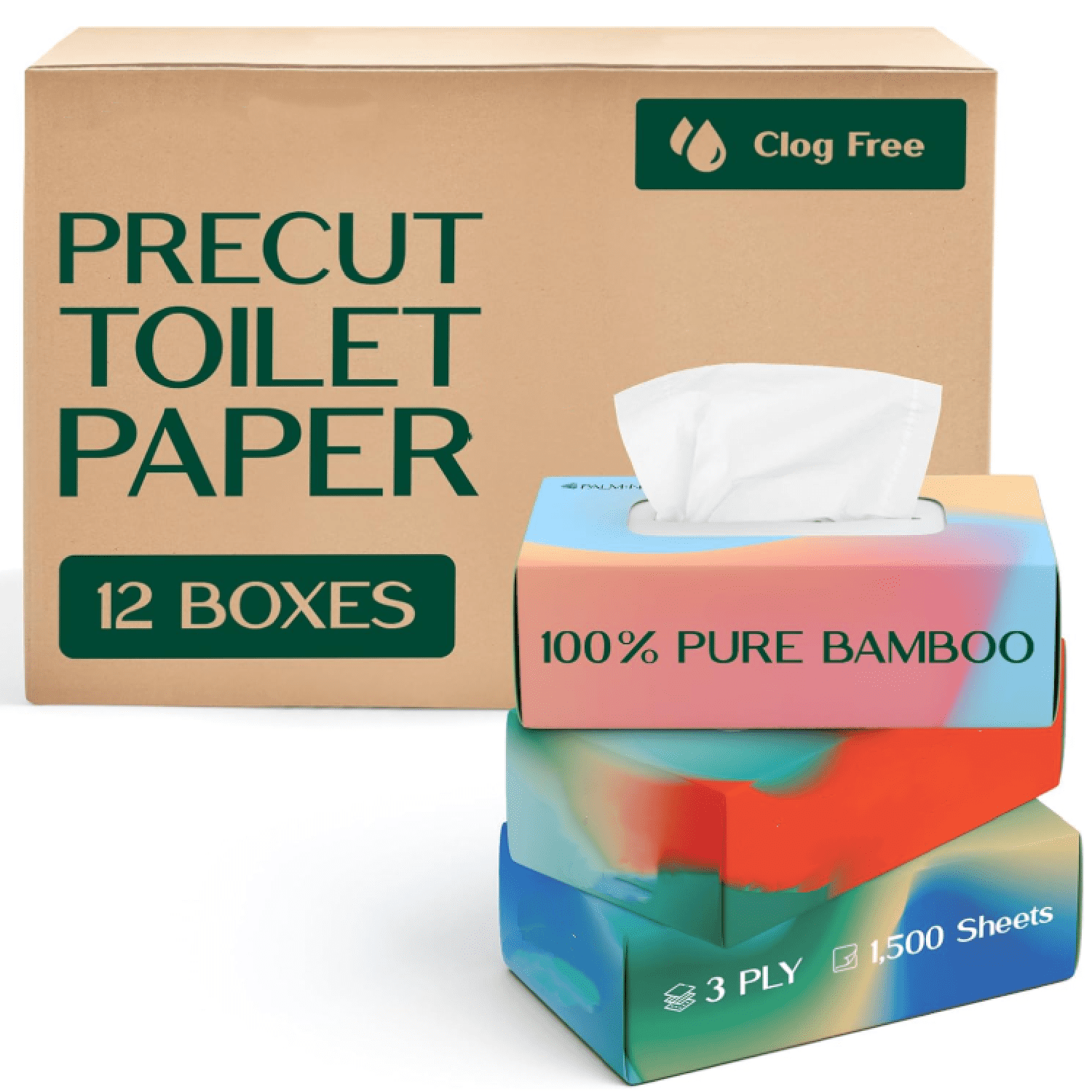Pre-Cut Bamboo Toilet Paper – 3-Ply, Tissue Boxes – Gentle &   | No Fragrance, No BPA,  Lint-Free | Septic , Dissolves Fast | 12 Boxes (125 Sheets/Box)