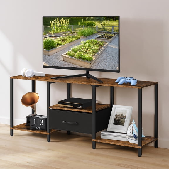 46" TV Stand with Manual LED Lights & Fabric Drawer, 3‑Tier Media Console for 55" TV, Adjustable Feet, Rustic Brown Entertainment Center for Living Room/Bedroom