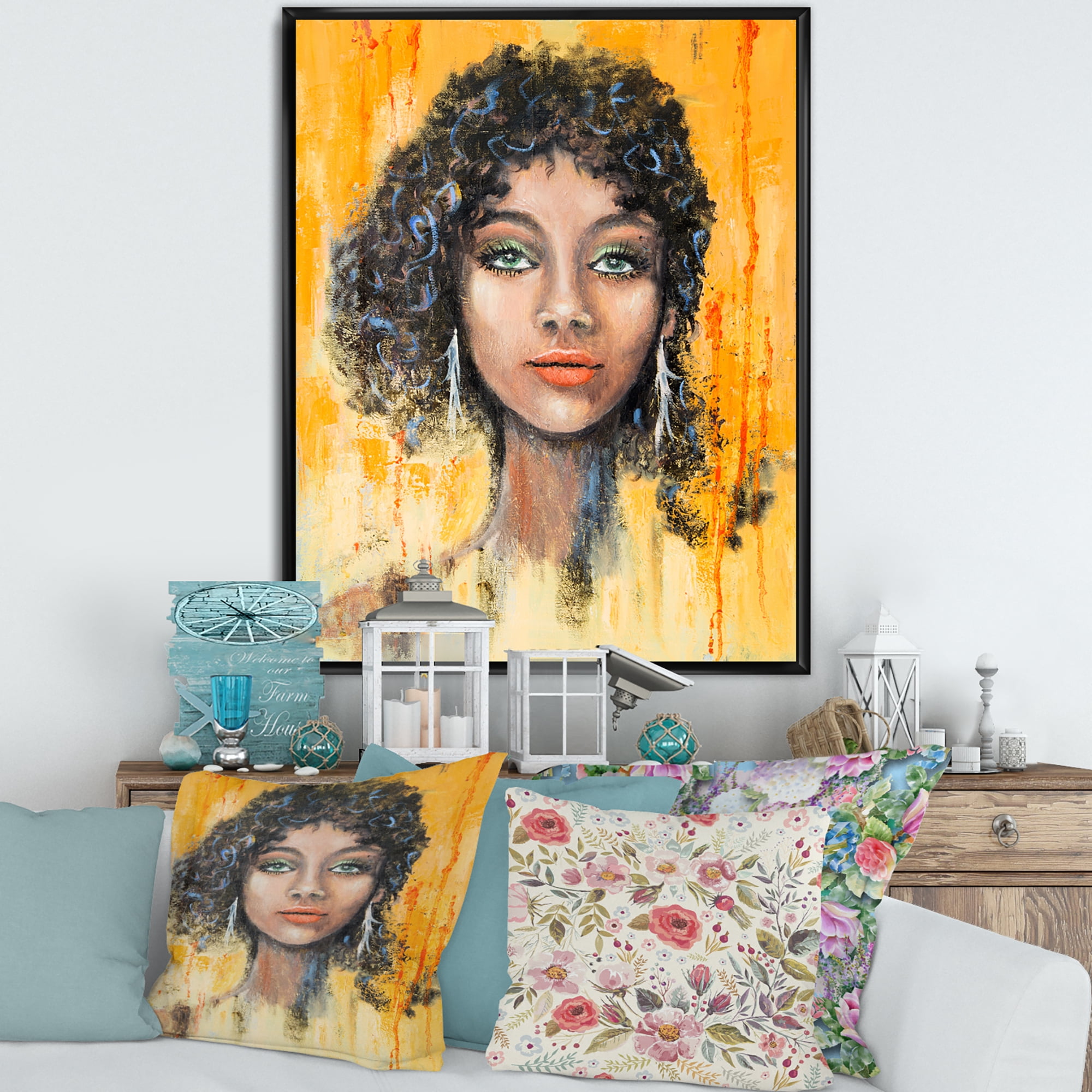Designart 'Girl Face With Green Eyes & Black Hair Impression' Modern Framed Canvas Wall Art Print