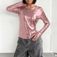 thumbnail image 2 of HongQid Metallic Shirts for Women's Sparkly Disco Party Shiny Tops Long Sleeve Round Neck Tee, 2 of 7