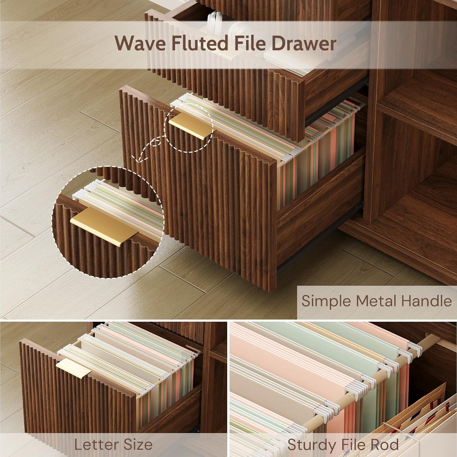 Vividwood 63" L Shaped Desk with Lift Top, Power Outlets, 3 Fluted Design Drawers, Storage Shelves, CPU Stand for Home Office (Light Walnut)