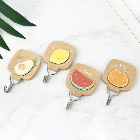 

4PCS Beech Wooden Wall Hooks 3D Animal Fruit Wall Hooks Household Strong Adhesive Hook Cartoon Pattern Single Hooks for Home Store Hotel Use Random Style