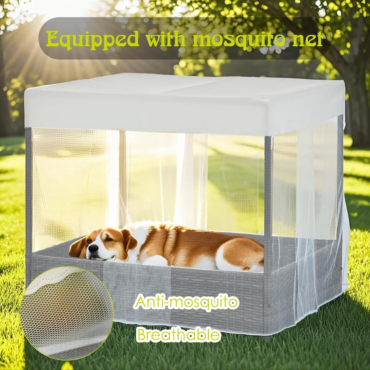 36"Wicker Dog House Outdoor Indoor with Canopy, Weatherproof Outside Dog Shelter Bed with Cushion, 4-Sided Mesh Windows, Pet House Tent Shade for Small Medium Dogs, Rattan Dog Cot for Deck Patio Yard