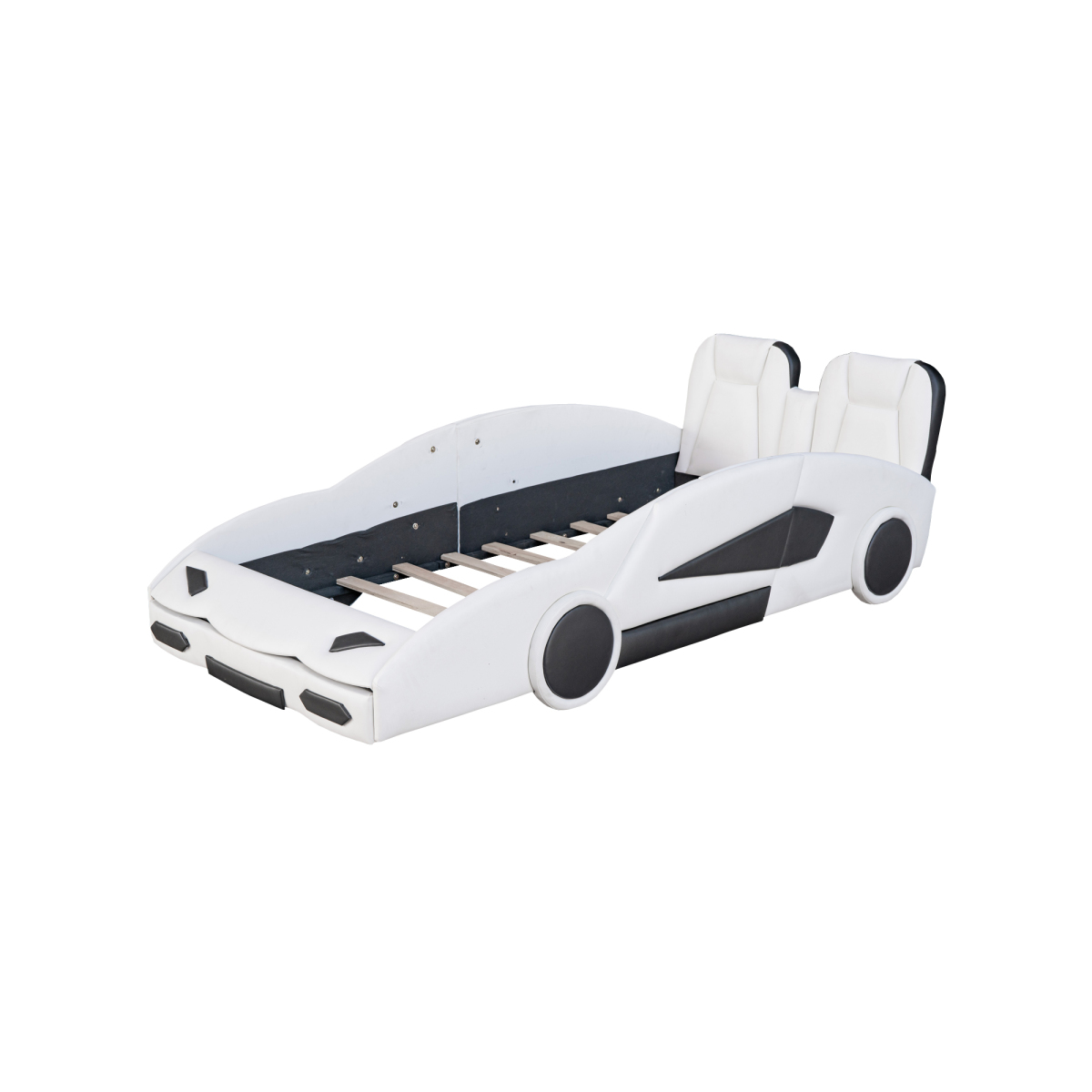 Luckynote Twin Race Car Bed, Wood Platform with Wheels, Car-Shaped Themed Design for Bedroom, White