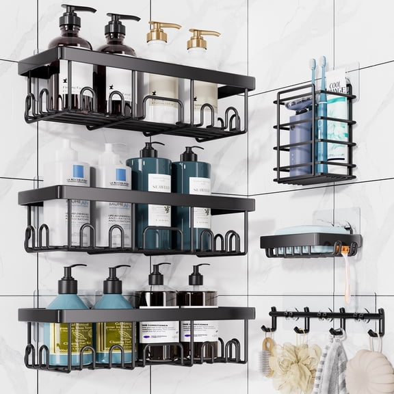Ophanie Adhesive Shower Caddy, 6-Pack, Large-Capacity Bathroom Organizers and Storage with Towel Hooks, No-Drill Wall-Mounted Basket, Black