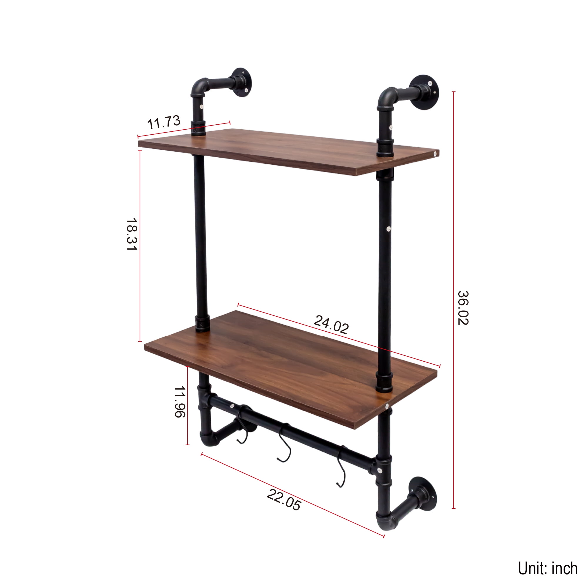 Mintazer Industrial Pipe Wall Shelves, Farmhouse 2-Tier & 3-Tier Floating Shelves with Hooks for Bedroom Kitchen, Walnut Brown