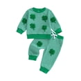 thumbnail image 2 of Loicainy Toddler Baby Boy Spring Outfits 3 6 12 18 24 Months 2T 3T Four-Leaf Clover Embroidery Long Sleeve Round Neck Pullover + Elastic Waist Stripe Pants 2 Pcs Clothes Set, 2 of 9