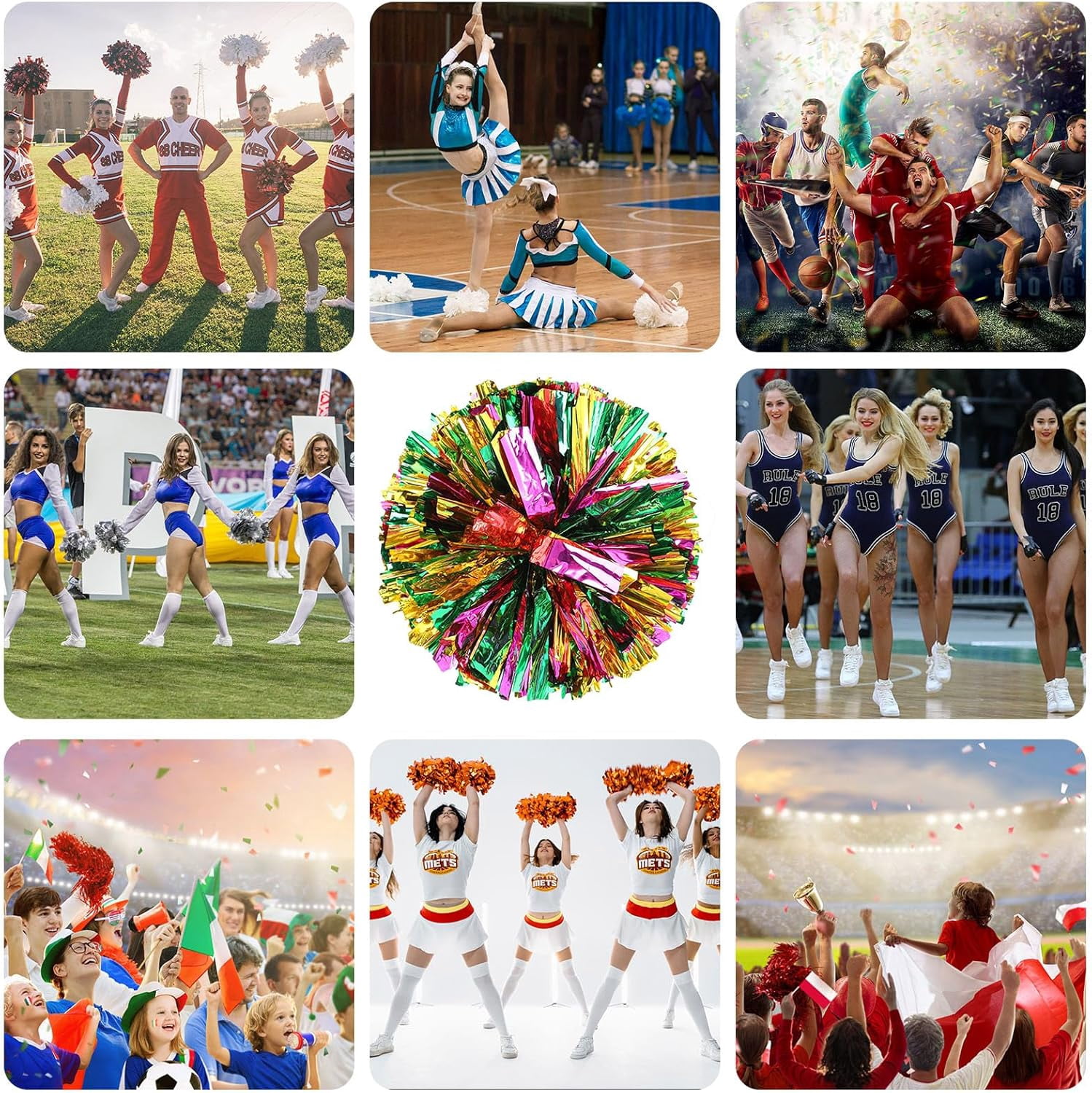 8 Pcs pom poms Cheer,pom poms Cheerleading with Finger Holes Metallic Foil Cheer Pom Pomsfor Dance, Matches (Black Red Silver)